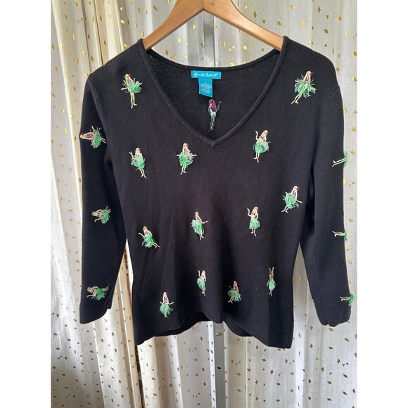 Alexandra Bartlett 90s Vintage Embroidered Hawaiian Hula Girl Knit Sweater S - Picture 2 of 6